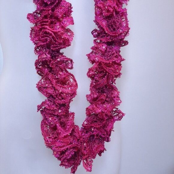 3/$20 Handmade Ruffled Sequin Infinity Scarf Magenta Stretchy Fall Winter - Picture 3 of 11